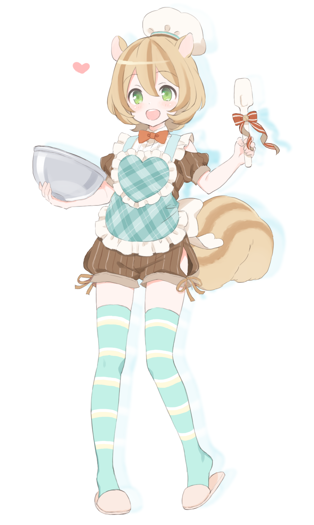 +++_(artist), 1boy, animal_ears, apron, blush, bowl, chef_hat, green_eyes, green_legwear, hat, highres, looking_at_viewer, original, slippers, smile, spatula, squirrel_ears, squirrel_tail, striped, striped_legwear, tail, thigh-highs, trap