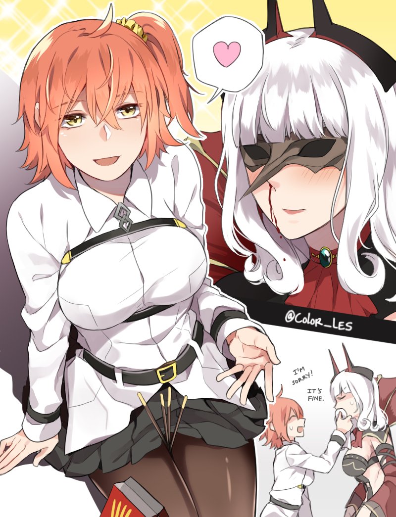 2girls, ahoge, black_skirt, blood, blush, breasts, brooch, carmilla_(fate/grand_order)