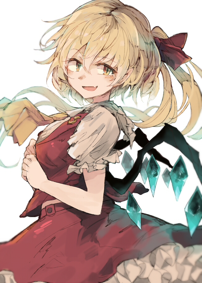 1girl, alternate_breast_size, ascot, blonde_hair, breasts, commentary_request, fang, flandre_scarlet