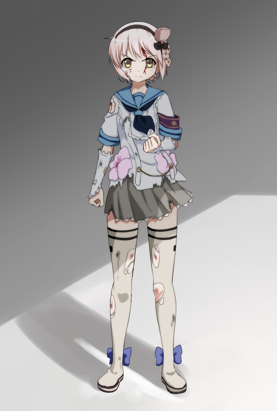 1girl, blood, blood_on_face, blue_bow, boots, bow, clenched_hands, closed_mouth