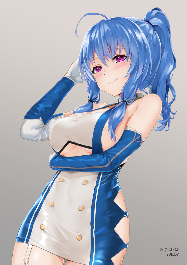 1girl, ahoge, arm_up, azur_lane, bangs, bare_shoulders, blue_hair, blush