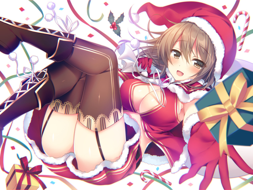 1girl, adelite_(brave_girl_ravens), bangs, black_footwear, blonde_hair, blush, boots, brave_girl_ravens, breasts, brown_eyes, brown_hair, brown_legwear, candy, candy_cane, center_opening, christmas, commentary_request, eyes_visible_through_hair, food, fur-trimmed_capelet, fur-trimmed_gloves, fur-trimmed_skirt, fur_trim, garter_straps, gift, gloves, hat, holding_bag, looking_at_viewer, medium_breasts, midriff, mistletoe, open_mouth, red_capelet, red_gloves, red_skirt, ribbon, sack, santa_costume, santa_hat, skirt, smile, solo, sorai_shin'ya, thigh-highs, white_ribbon
