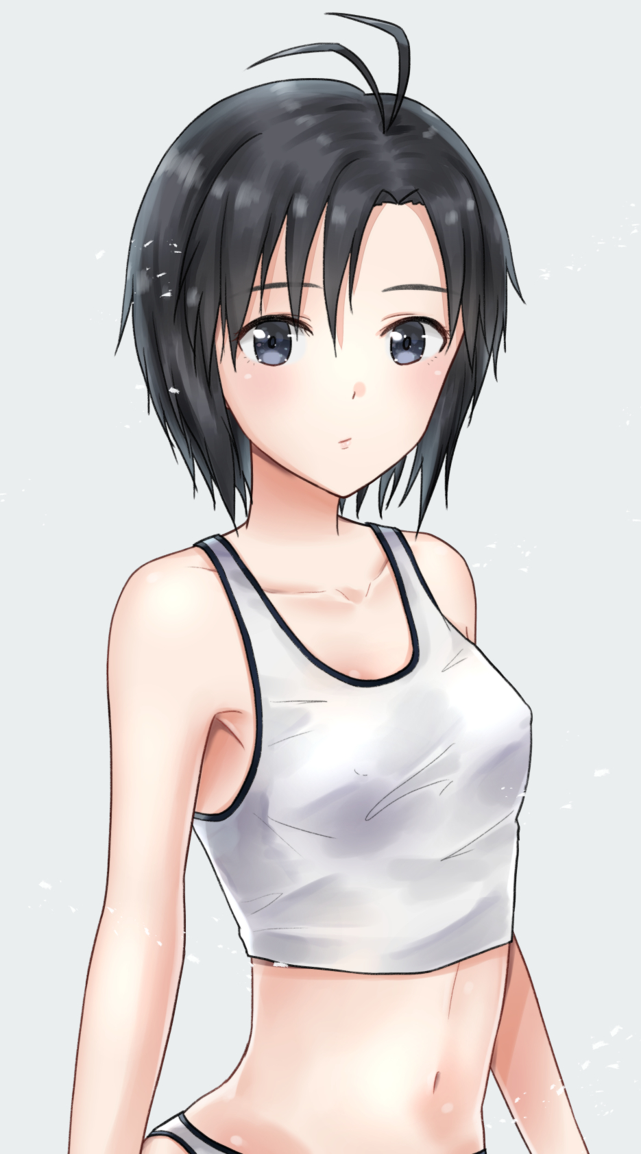 1girl, antenna_hair, arms_at_sides, bangs, bare_arms, bare_shoulders, black_hair, blush, breasts, closed_mouth, collarbone, crop_top, grey_background, highres, idolmaster, idolmaster_(classic), idolmaster_2, kikuchi_makoto, looking_at_viewer, mogskg, navel, panties, short_hair, simple_background, sleeveless, small_breasts, solo, stomach, tank_top, underwear, upper_body, white_panties