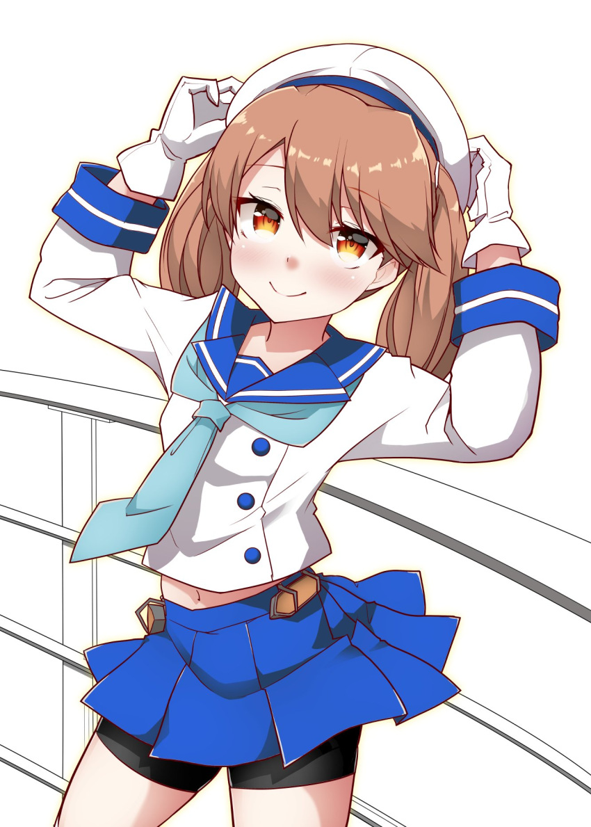 1girl, bike_shorts, black_legwear, blue_neckwear, blue_ribbon, blue_skirt, brown_eyes, brown_hair