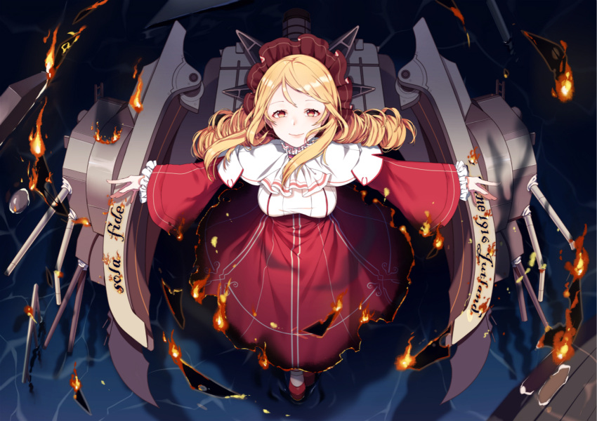 1girl, blonde_hair, bonnet, cannon, dress, drill_hair, fire, from_above, full_body, iiiroha, long_hair, machinery, red_dress, red_eyes, red_footwear, smile, smokestack, solo, turret, walking, walking_on_liquid, warspite_(zhan_jian_shao_nyu), zhan_jian_shao_nyu