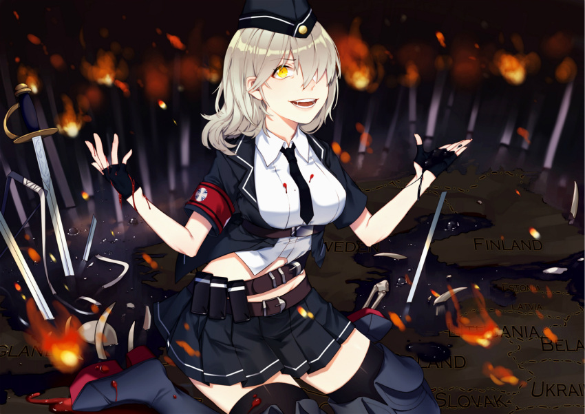 1girl, armband, black_gloves, black_legwear, fingerless_gloves, fire, garrison_cap, gloves, grey_hair, hair_over_one_eye, hat, hindenburg_(zhan_jian_shao_nyu), iiiroha, map, miniskirt, pleated_skirt, short_sleeves, skirt, smile, solo, sword, thigh-highs, weapon, yellow_eyes, zhan_jian_shao_nyu