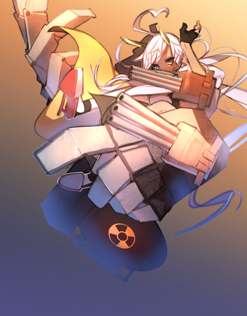 1girl, ahoge, azur_lane, bangs, black_gloves, blue_background, blue_eyes, bomb