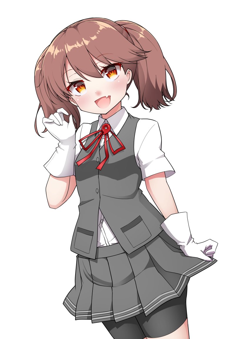 1girl, bike_shorts, brown_eyes, brown_hair, commentary_request, cosplay, fang, gloves