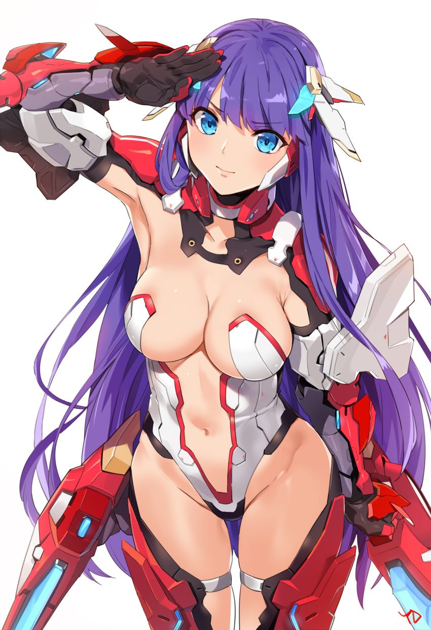 1girl, absurdres, adapted_costume, aerial_drive, arm_up, bangs, blue_eyes, blunt_bangs, bodysuit, breasts, closed_mouth, commentary, cowboy_shot, earrings, eyebrows_visible_through_hair, fate/grand_order, fate_(series), gauntlets, gloves, headgear, highres, hips, impossible_bodysuit, impossible_clothes, jewelry, large_breasts, leotard, long_hair, looking_at_viewer, mecha_musume, navel, purple_hair, saint_martha, salute, signature, simple_background, solo, thighs, turtleneck, white_background, white_leotard, yang-do