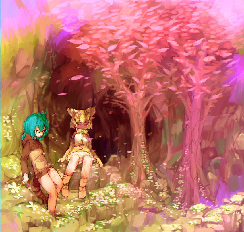 2girls, animal_ears, aqua_hair, bangs, bare_legs, bare_shoulders, blonde_hair, bow