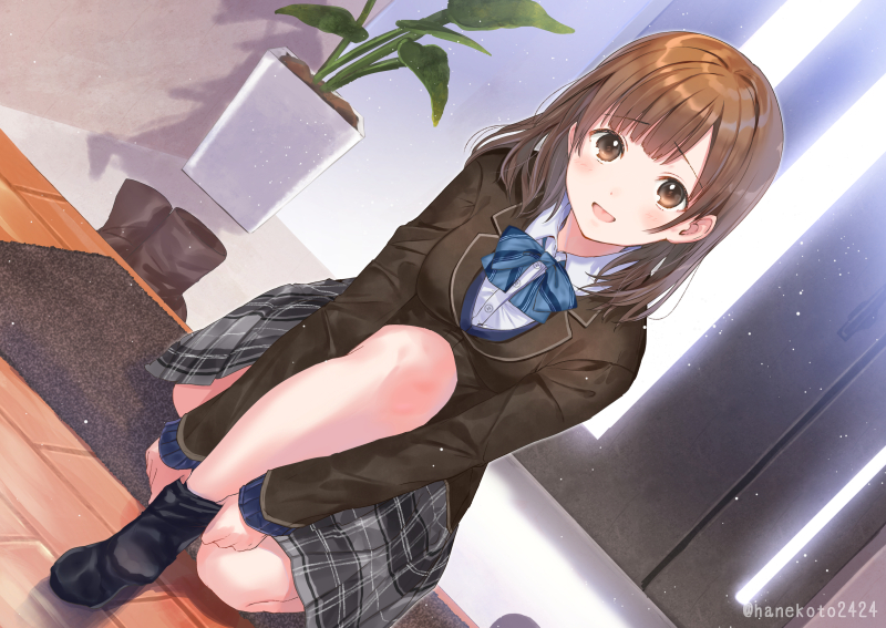 1girl, bangs, black_legwear, blue_neckwear, bow, bowtie, breasts, brown_eyes