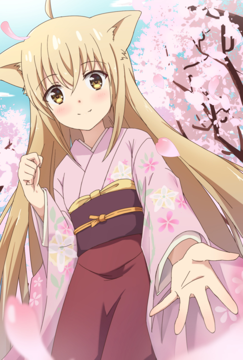 1girl, ahoge, animal_ears, apron, bangs, blonde_hair, blush, brown_apron