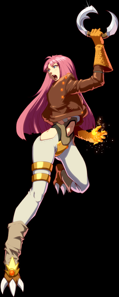 anex, armor, blue_eyes, chakram, freckles, kongai, long_hair, pink_hair, talons, weapon