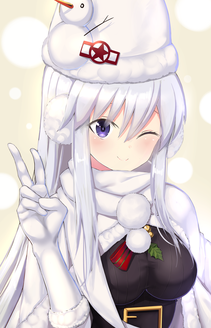 1girl, ;), azur_lane, bangs, beanie, belt_buckle, black_belt, black_sweater