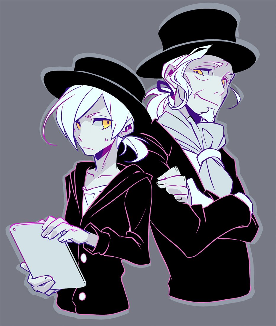 2boys, beard, cravat, cropped_torso, crossed_arms, drop_shadow, duodecuple, facial_hair, grey_background, hood, hoodie, juuni_taisen, male_focus, multiple_boys, navi_(juuni_taisen), ponytail, simple_background, sweatdrop, tablet, wabi_(youtakak), yellow_eyes