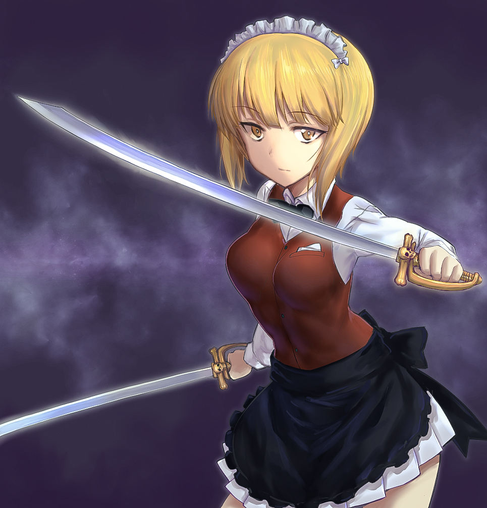 1girl, :|, apron, bangs, black_apron, black_background, black_neckwear, blonde_hair