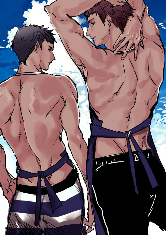 2boys, a3!, apron, arms_behind_head, ass, black_hair, blue_sky, brown_hair