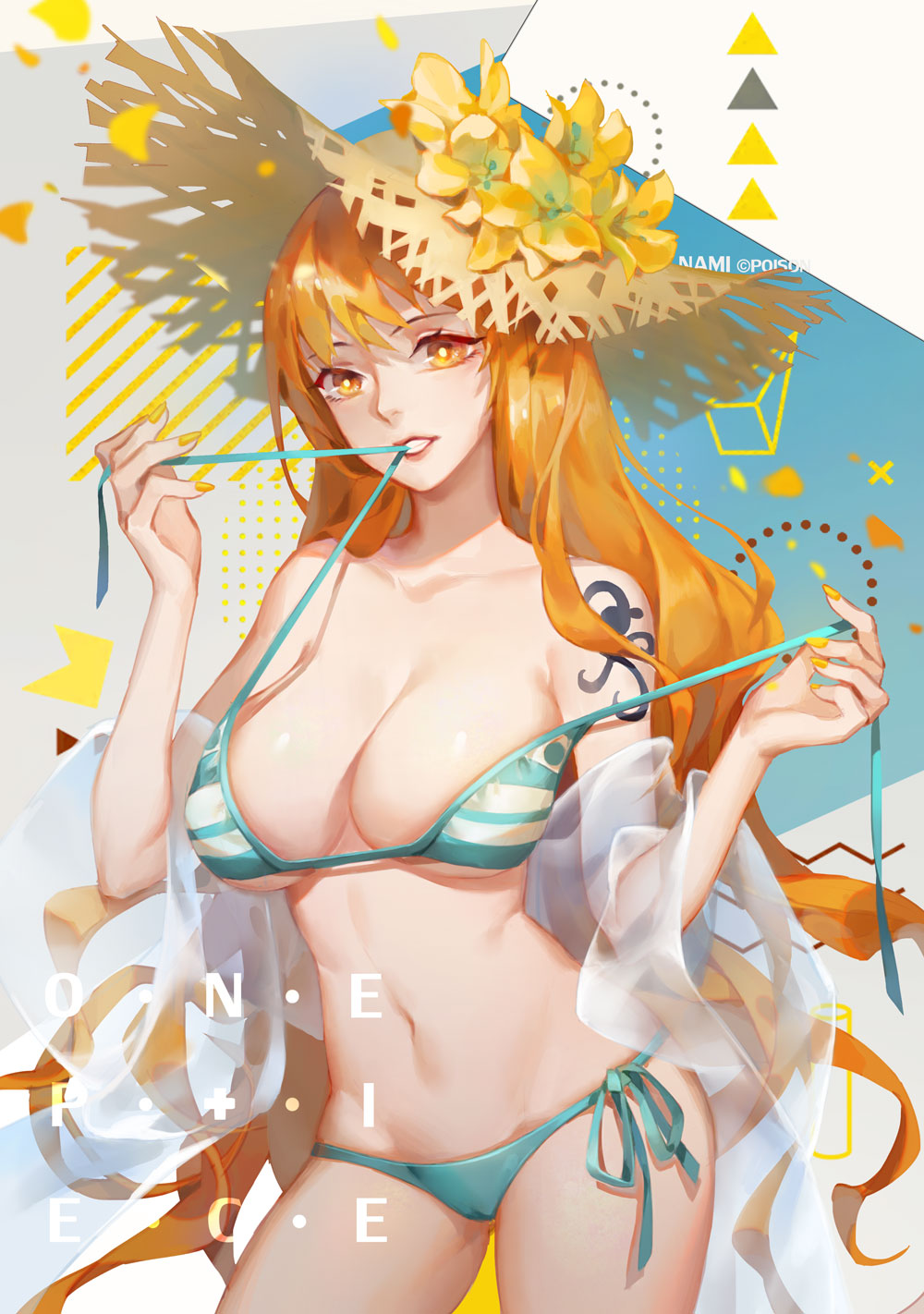 1girl, alone, bare_shoulders, bikini, breasts, character_name, clenched_teeth, copyright_name