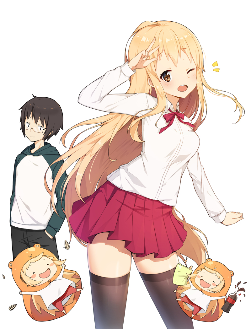 1boy, 1girl, 3girls, black_hair, black_legwear, blonde_hair, blush, blush_stickers