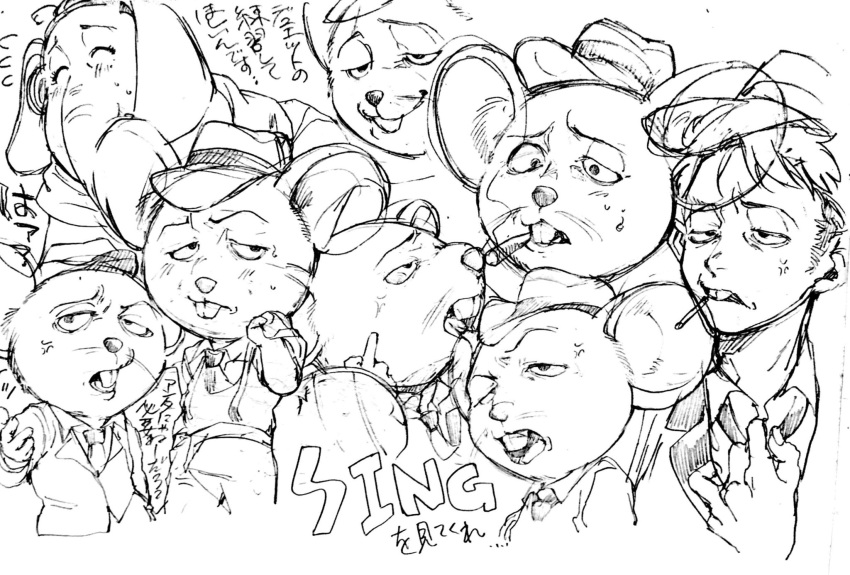 1boy, 1girl, buck_teeth, elephant, expressions, fedora, formal, hat