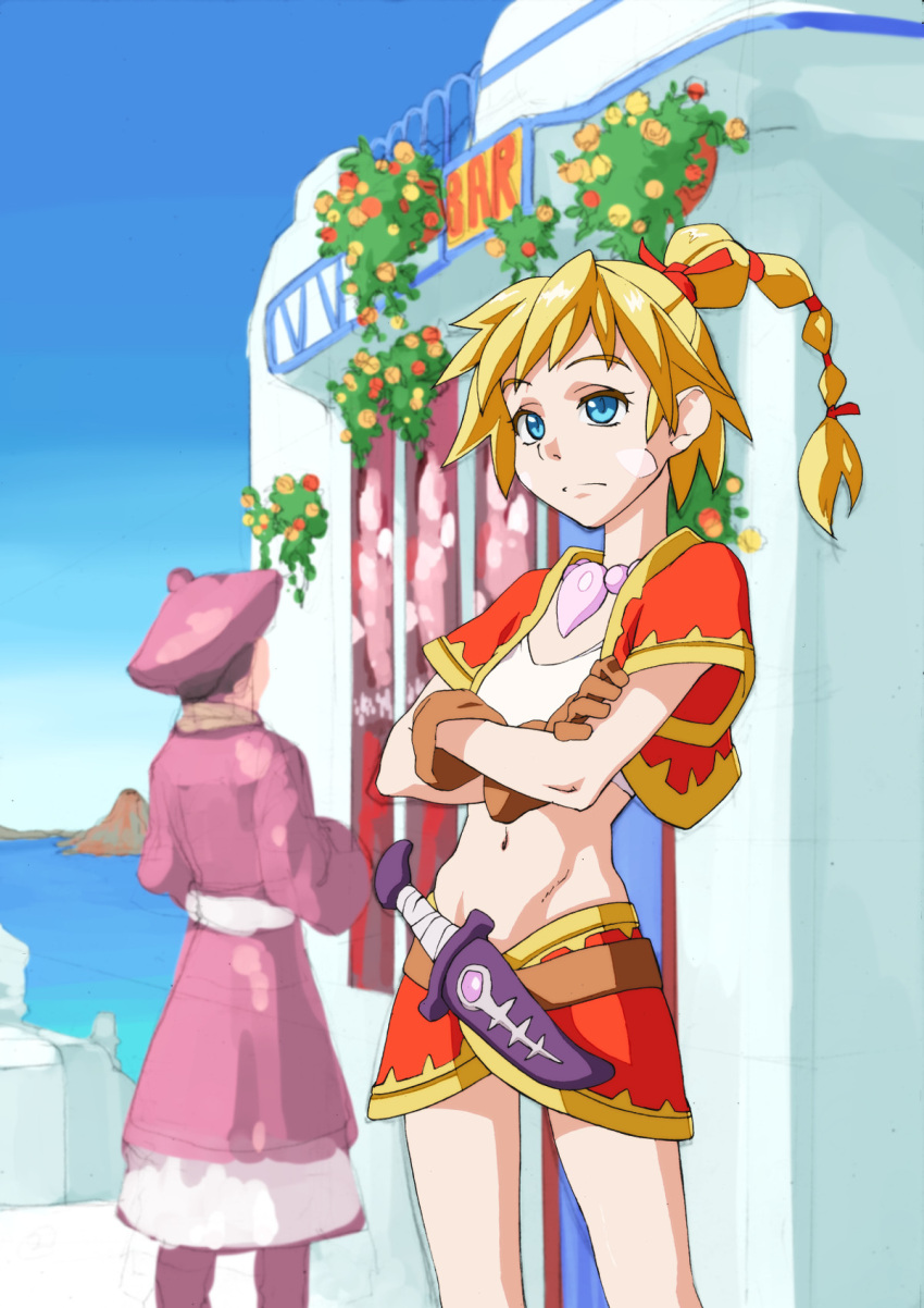 1boy, 1girl, back, blonde_hair, blue_eyes, braid, breasts, chrono_cross