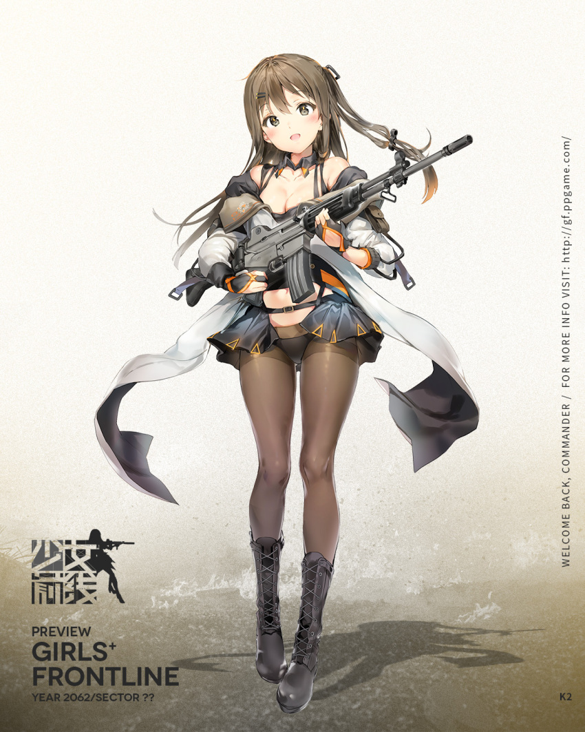 1girl, anmi, assault_rifle, bangs, bare_shoulders, black_panties, blush, boots, breasts, brown_eyes, brown_hair, character_name, cleavage, collarbone, copyright_name, cross-laced_footwear, daewoo_k2, eyebrows_visible_through_hair, fingerless_gloves, full_body, girls_frontline, gloves, gun, hair_ornament, hairclip, highres, holding, jacket, k-2_(girls_frontline), knee_boots, korean, lace-up_boots, logo, long_hair, looking_at_viewer, medium_breasts, navel, official_art, open_mouth, panties, pantyhose, rifle, shadow, smile, solo, standing, underwear, watermark, weapon, web_address