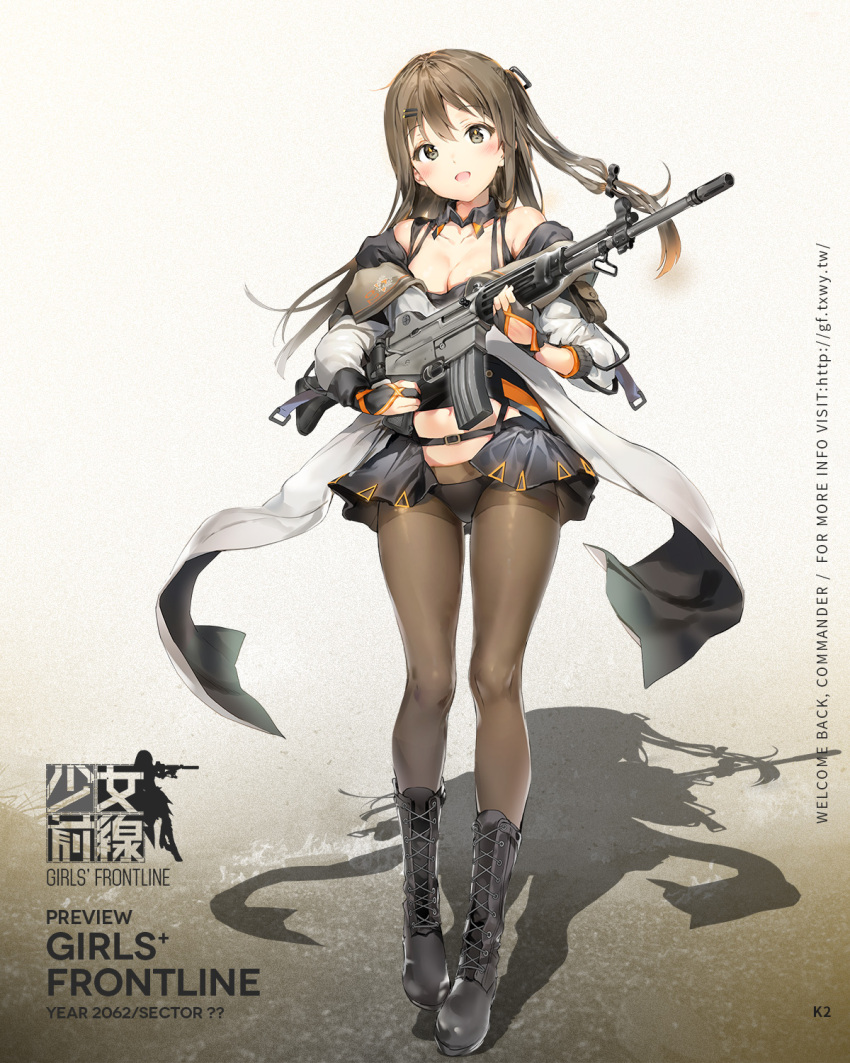1girl, anmi, assault_rifle, bangs, bare_shoulders, black_panties, blush, boots