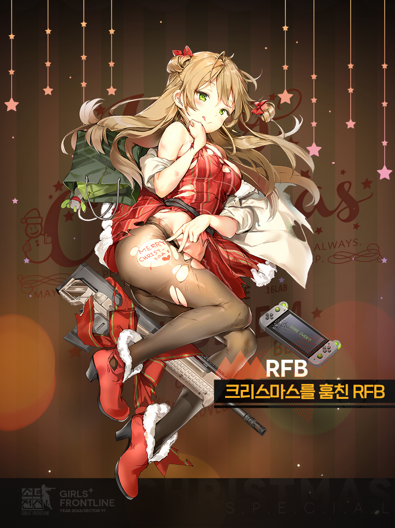 1girl, :q, ;>, anmi, assault_rifle, bag, bangs, bare_shoulders