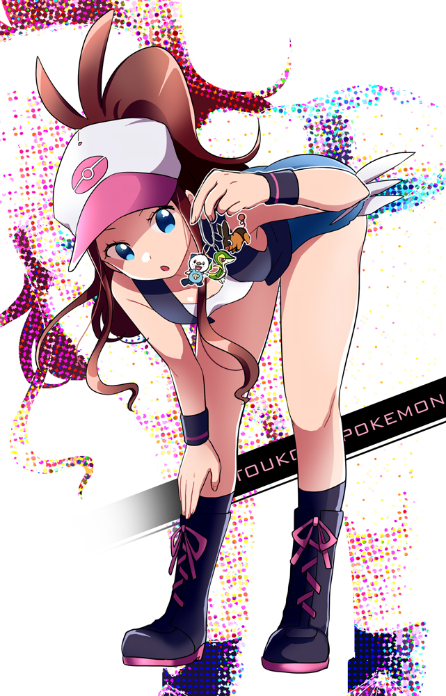 1girl, :o, baseball_cap, bent_over, blue_eyes, boots, breasts, brown_hair, denim, denim_shorts, full_body, hat, keychain, mimo_(amimo0805), oshawott, pokemon, pokemon_(game), pokemon_bw, ponytail, shorts, smile, snivy, tank_top, tepig, touko_(pokemon), vest, wristband