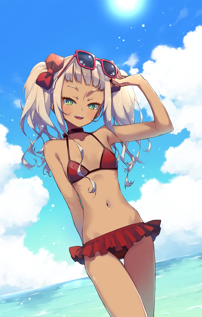 1girl, arm_behind_back, bangs, bare_arms, bare_shoulders, bikini, blue_sky, blunt_bangs