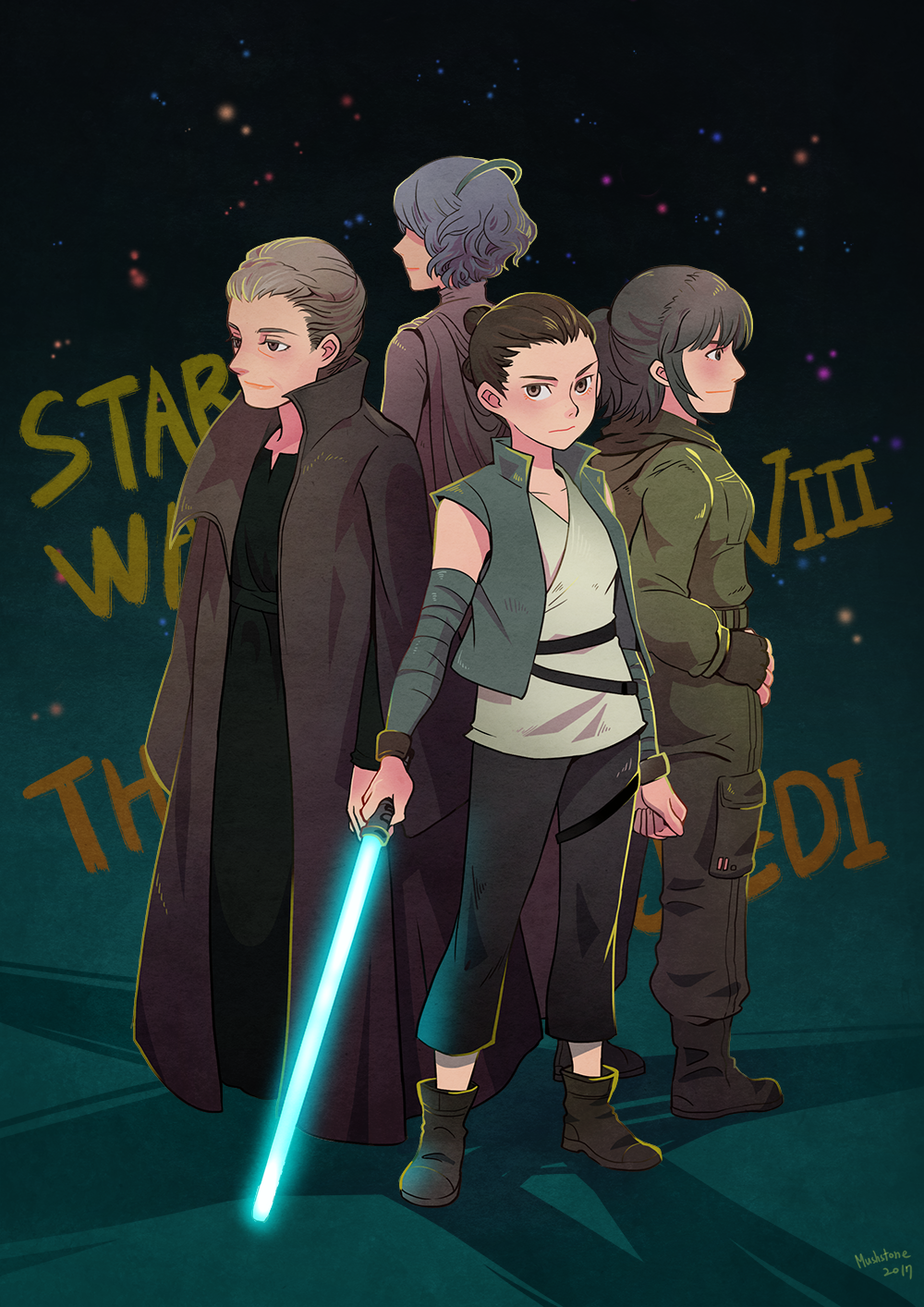 2017, 4girls, admiral_holdo, age_difference, back-to-back, black_hair, boots, brown_eyes, brown_hair, coat, dated, dress, el_(mushboom), energy_sword, fingerless_gloves, gloves, grey_hair, highres, hooded, jedi, jumpsuit, lightsaber, looking_at_viewer, mechanic, multiple_girls, old, ponytail, princess_leia_organa_solo, rey_(star_wars), rose_tico, science_fiction, signature, smirk, star_(sky), star_wars, star_wars:_the_last_jedi, sword, uniform, vest, weapon