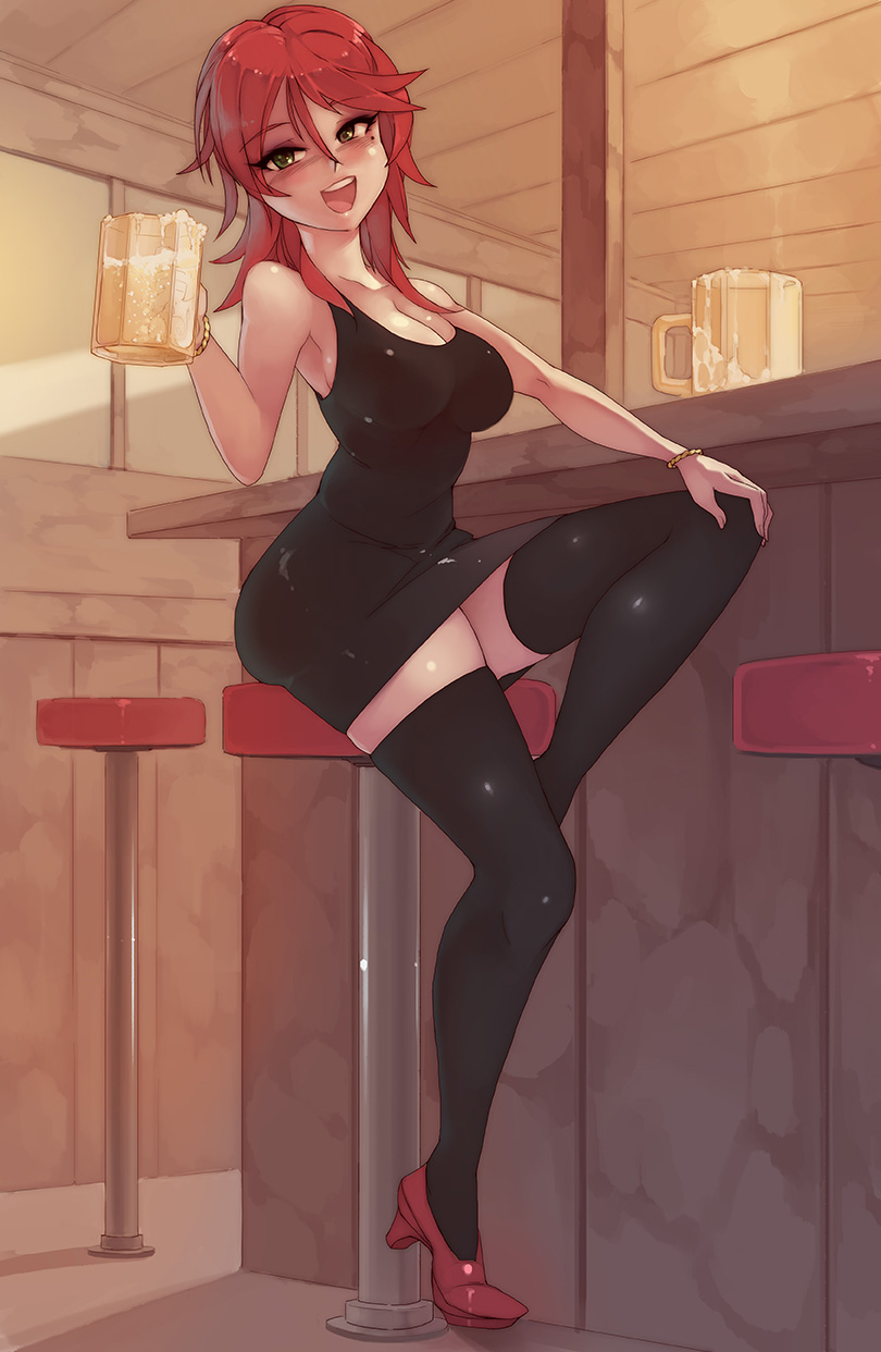 1girl, alcohol, bar_stool, beer, beer_mug, black_dress, black_legwear, bracelet
