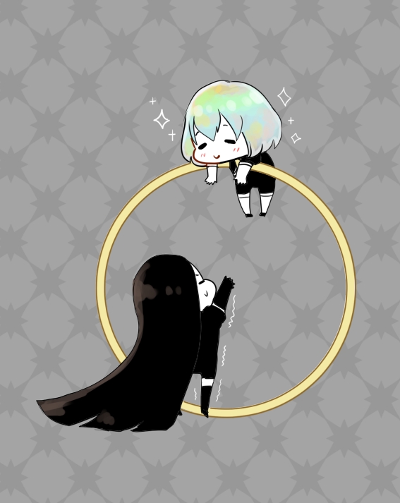 androgynous, black_hair, black_neckwear, black_shirt, black_shorts, bort, chibi, collared_shirt