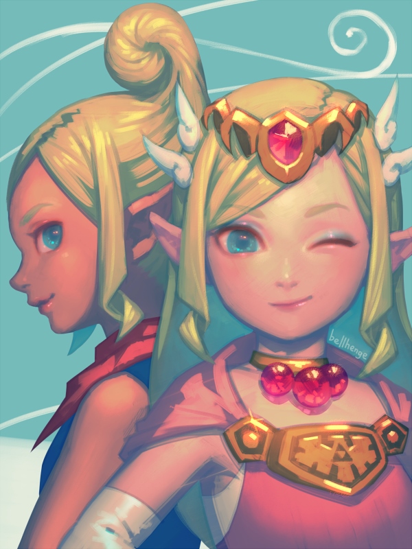 2girls, bellhenge, blonde_hair, blue_eyes, dark_skin, dual_persona, gloves, long_hair, multiple_girls, neckerchief, one_eye_closed, pointy_ears, princess_zelda, short_hair, smile, tetra, the_legend_of_zelda, the_legend_of_zelda:_the_wind_waker, tiara, toon_zelda