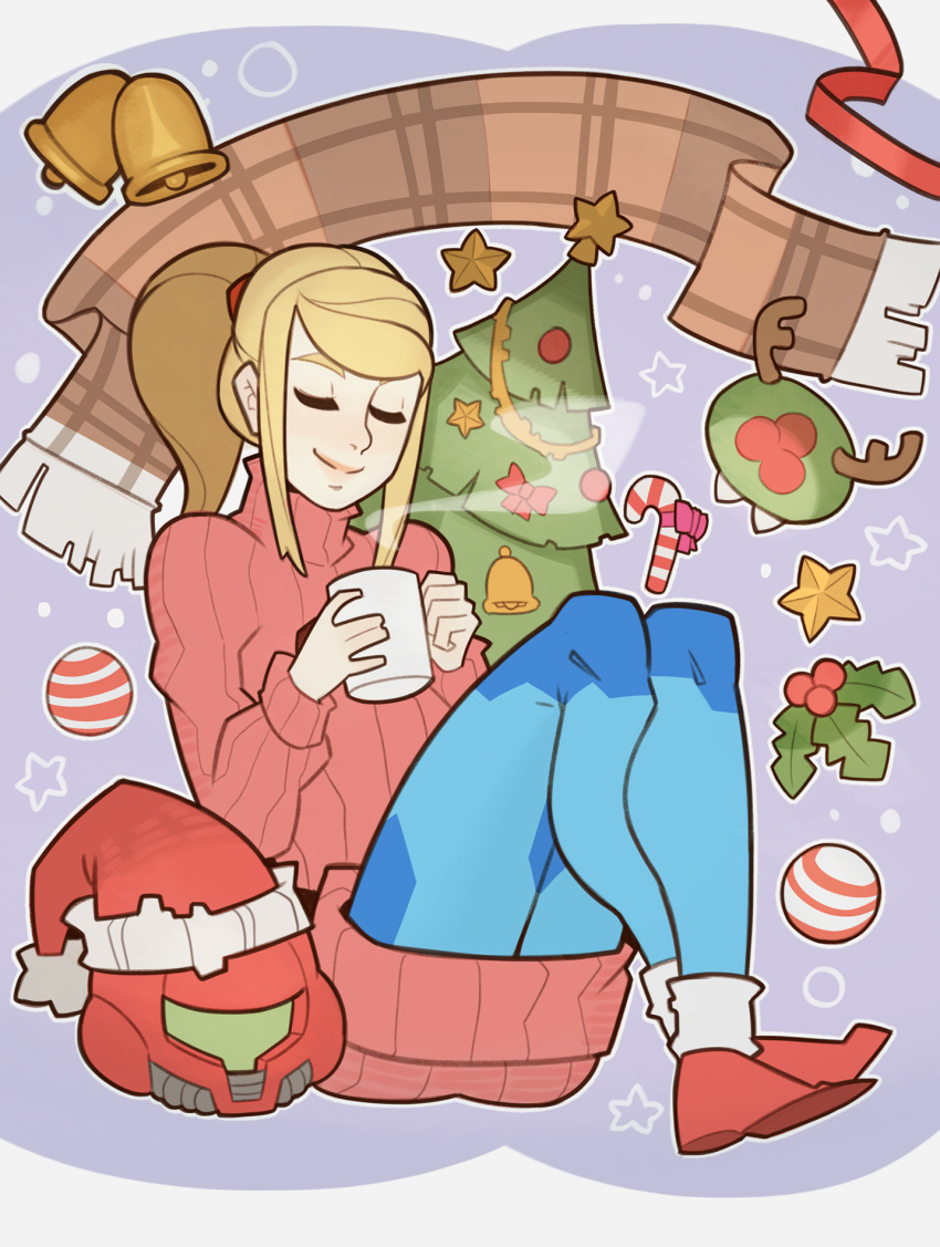 1girl, blonde_hair, bodysuit, christmas, christmas_tree, closed_eyes, helmet, high_ponytail, highres, long_hair, metroid, mole, mole_under_mouth, ponytail, samus_aran, shiny, shiny_clothes, smole, solo, splashbrush, sweater, varia_suit, zero_suit