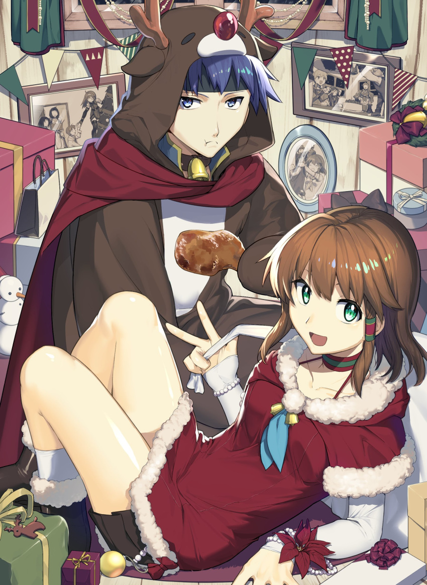 1girl, absurdres, animal_costume, armor, blue_eyes, blue_hair, boyd, brother_and_sister, christmas, closed_eyes, dress, fire_emblem, fire_emblem:_souen_no_kiseki, gloves, highres, ike, kieran, long_hair, looking_at_viewer, mist_(fire_emblem), open_mouth, oscar, photo, picture_(object), reindeer_costume, rhys, rolf, santa_costume, short_hair, siblings, smile, soren, three, tiamat_(fire_emblem), v, wayu_(fire_emblem), weapon