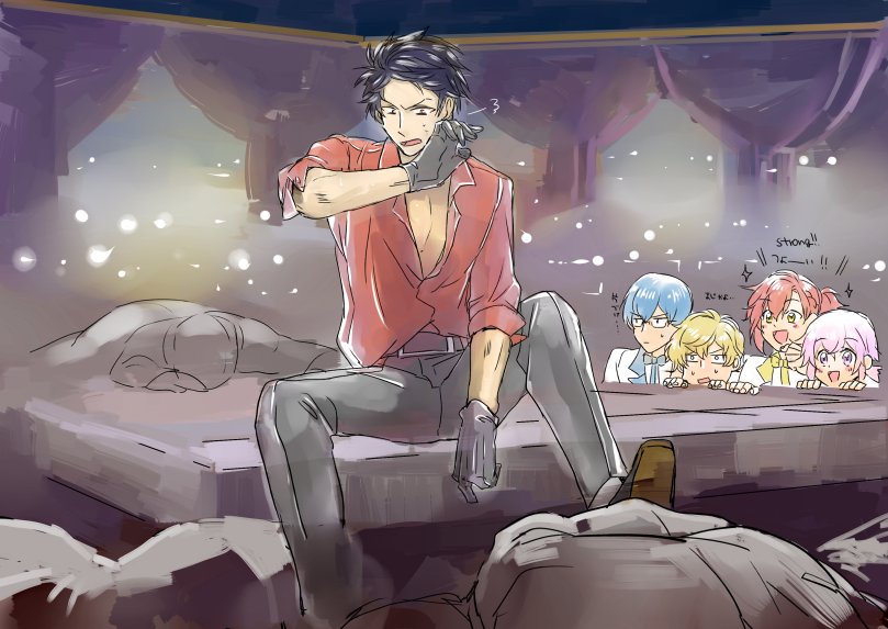 5boys, amamiya_kanade, black_gloves, black_hair, blonde_hair, blue_hair, bruise, casino
