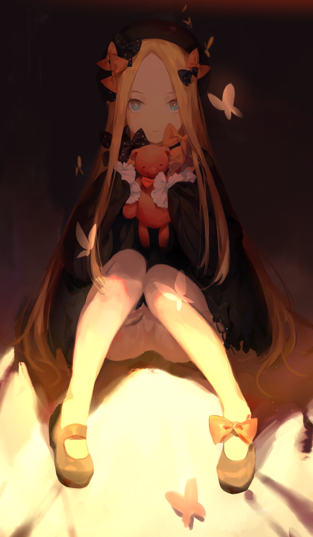 1girl, abigail_williams_(fate/grand_order), bangs, black_bow, black_dress, black_footwear, black_hat, blonde_hair