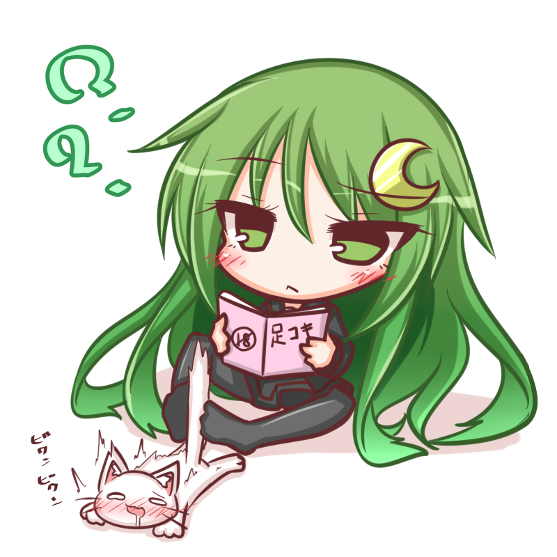 1girl, ?, animal, bangs, black_legwear, black_serafuku, black_shirt, black_skirt, blush, cat, closed_mouth, crescent, crescent_hair_ornament, drooling, eromanga, eyebrows_visible_through_hair, green_eyes, green_hair, hair_between_eyes, hair_ornament, holding, kantai_collection, komakoma_(magicaltale), long_hair, long_sleeves, nagatsuki_(kantai_collection), no_shoes, nose_blush, pantyhose, reading, saliva, school_uniform, serafuku, sexually_suggestive, shirt, sitting, skirt, solo, translation_request, very_long_hair, white_background