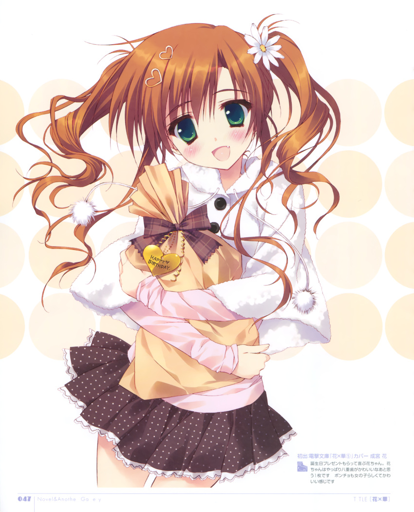 1girl, absurdres, bangs, blush, brown_hair, capelet, eyebrows_visible_through_hair, fang