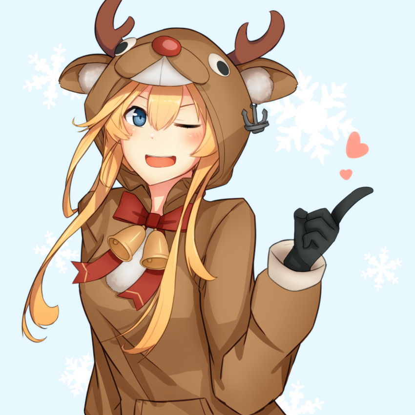 1girl, abukuma_(kantai_collection), anchor, animal_costume, bangs, bell, black_gloves, blonde_hair