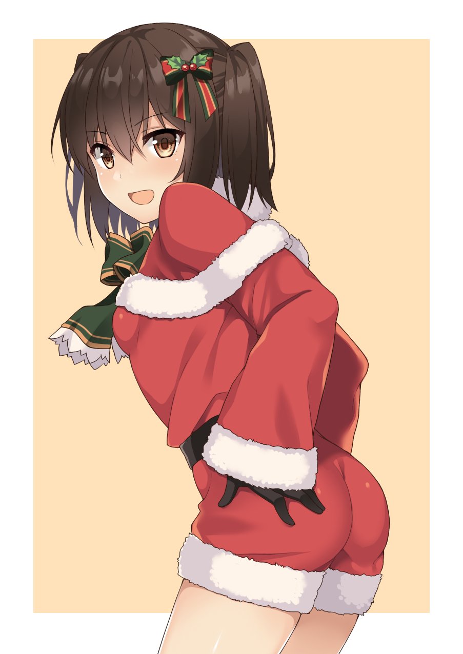 1girl, :d, alternate_costume, ass, bangs, belt, black_gloves, blush