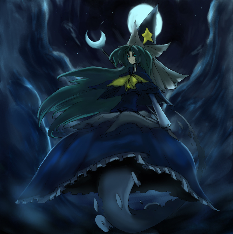 clouds, crescent, full_moon, green_eyes, green_hair, hat, masuzou, mima, moon, sky, touhou, wizard_hat