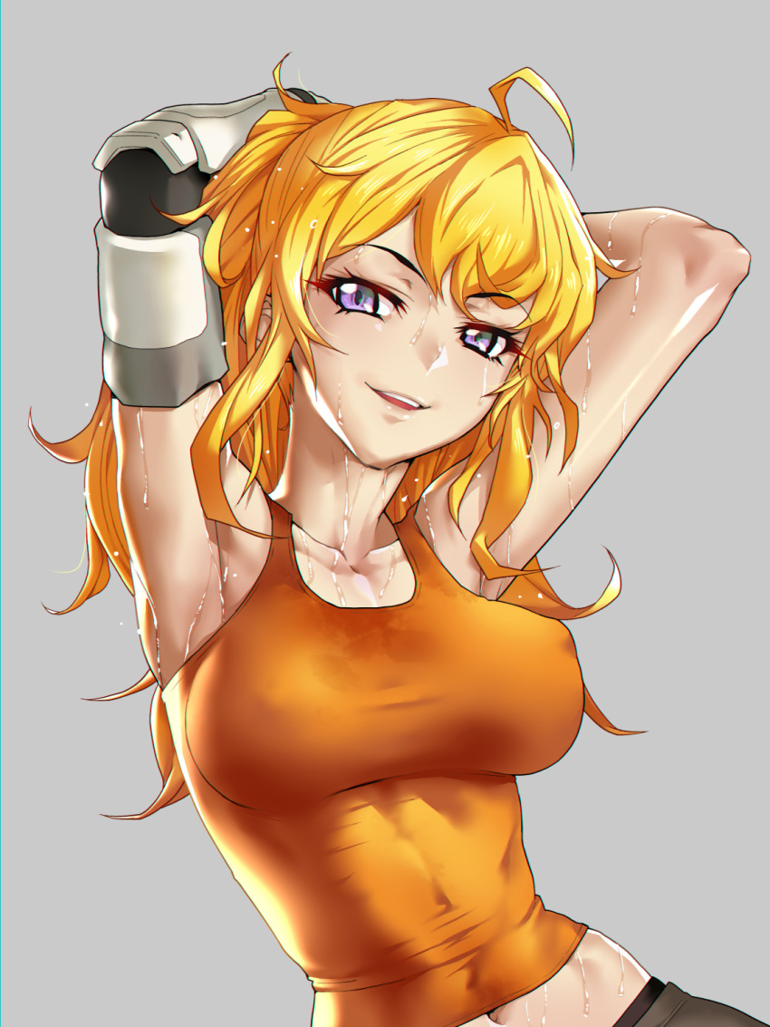 1girl, ahoge, armpits, arms_up, blonde_hair, blush, breasts, collarbone