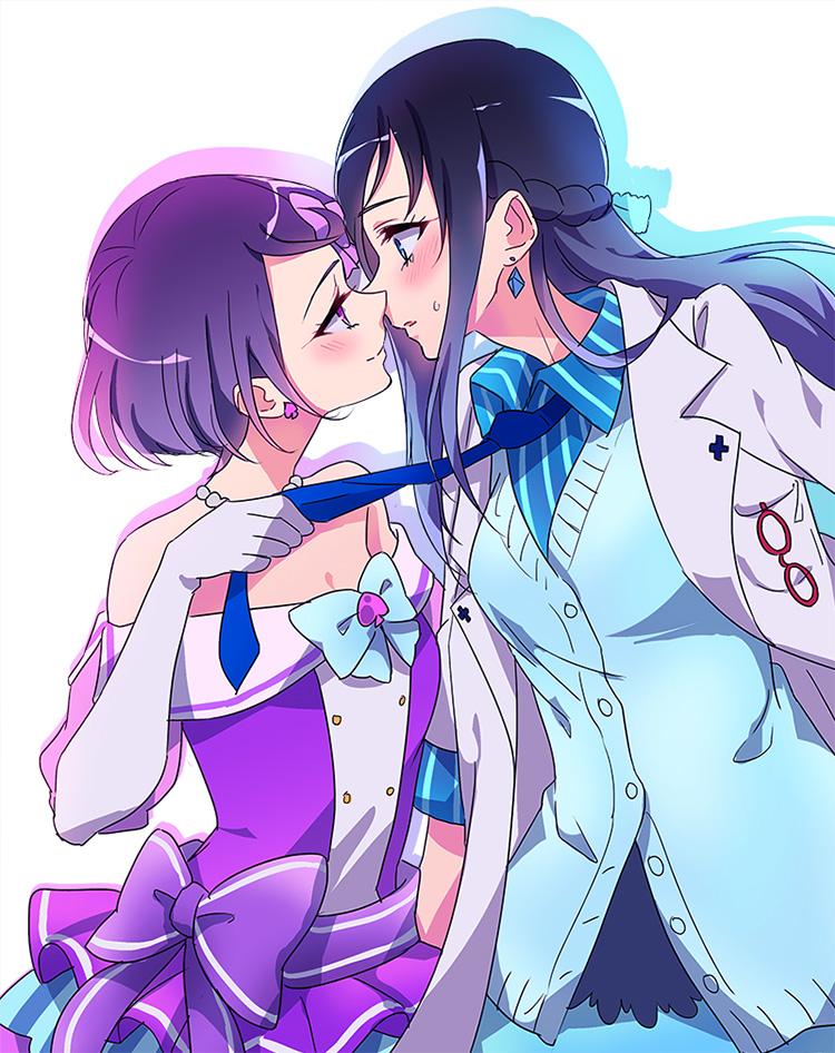 2girls, bare_shoulders, blue_eyes, blue_hair, blue_neckwear, blush, commentary_request, dokidoki!_precure