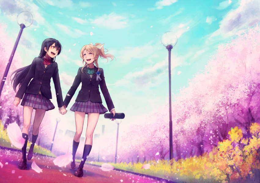 2girls, ayase_eli, bangs, blonde_hair, blue_eyes, blue_hair, blush, commentary_request