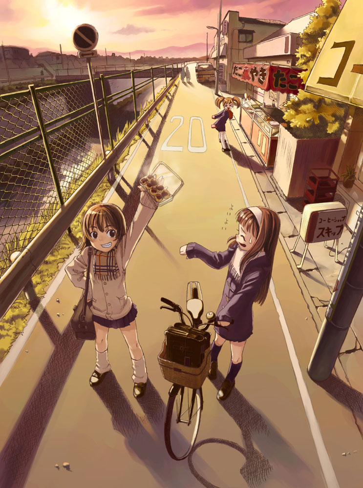 bag, basket, bicycle, brown_hair, car, chainlink_fence, clenched_teeth, closed_eyes