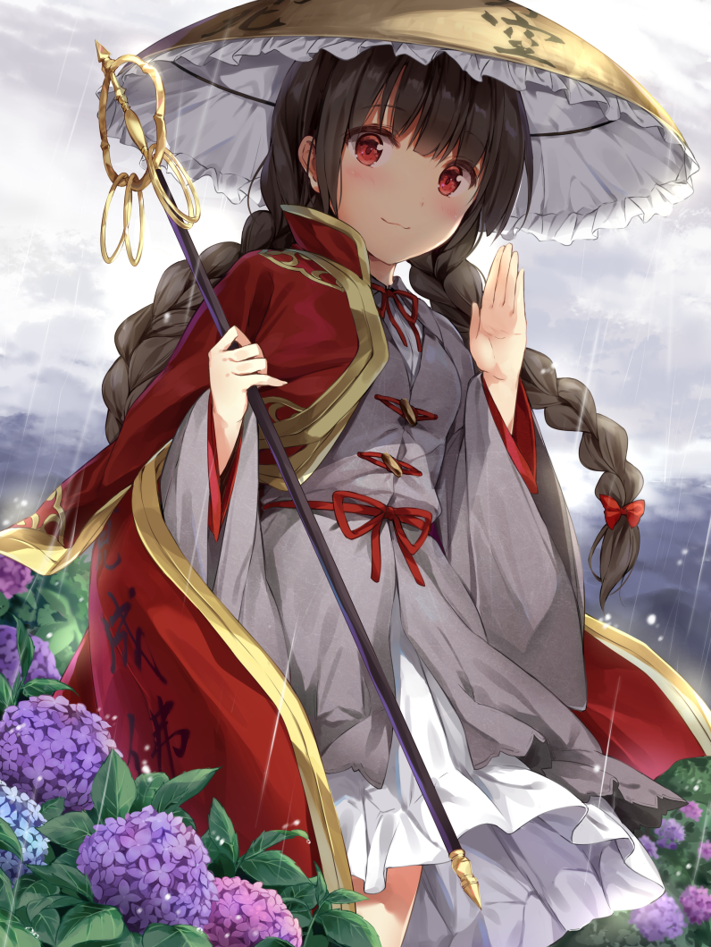 1girl, :3, ajirogasa, bangs, black_hair, blunt_bangs, bow, braid