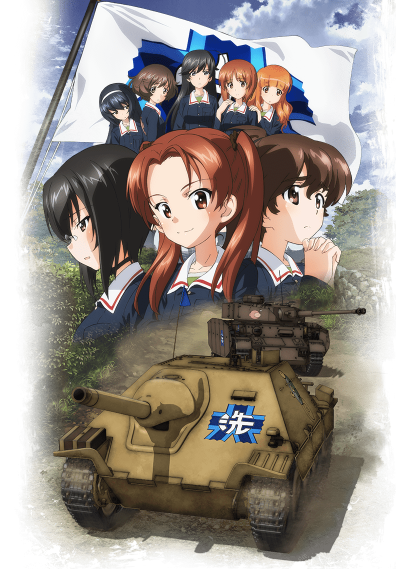 6+girls, akiyama_yukari, black_eyes, black_hair, breasts, brown_eyes, brown_hair, clouds