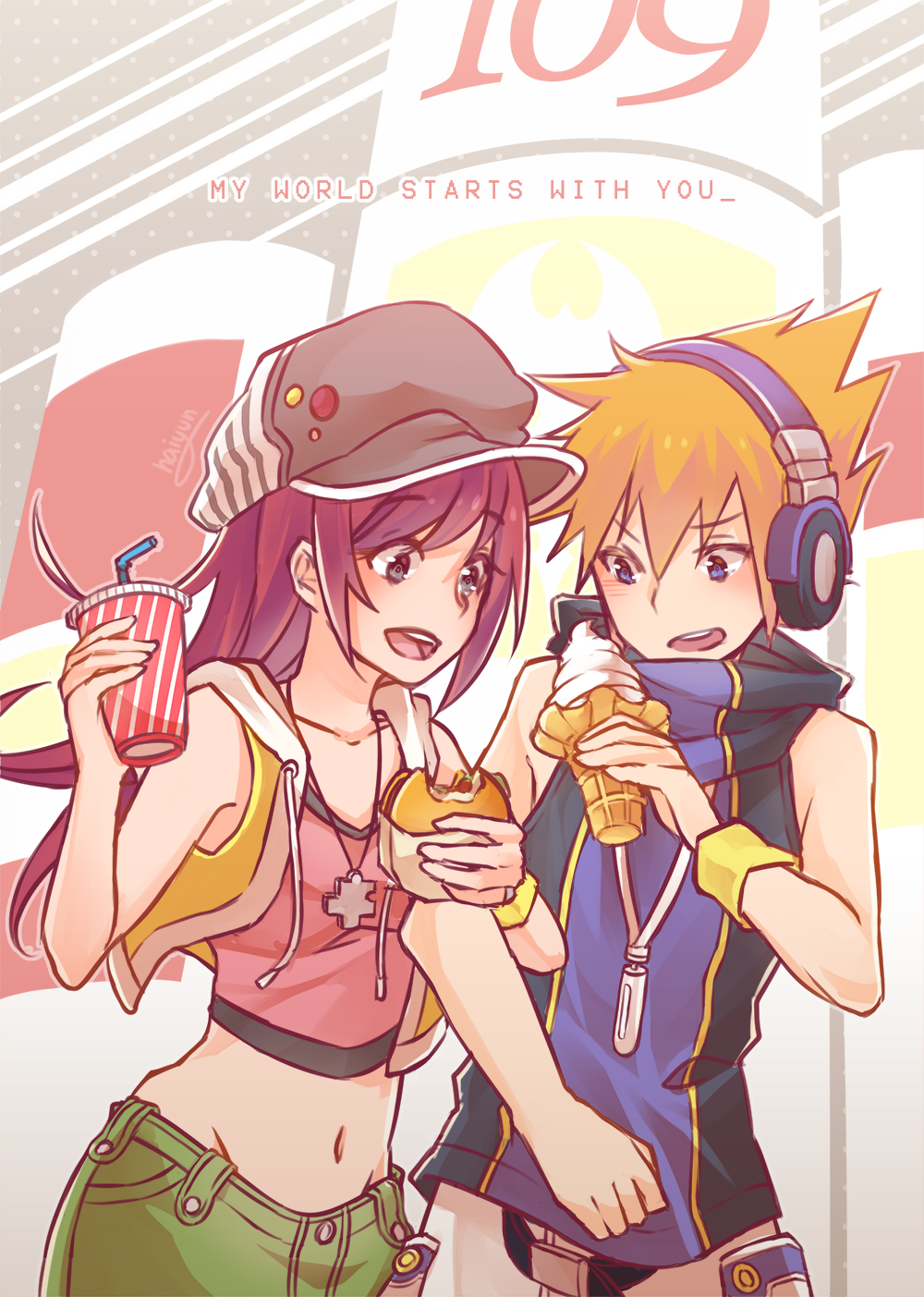 1boy, 1girl, :d, artist_name, belt, blue_eyes, blush, drinking_straw